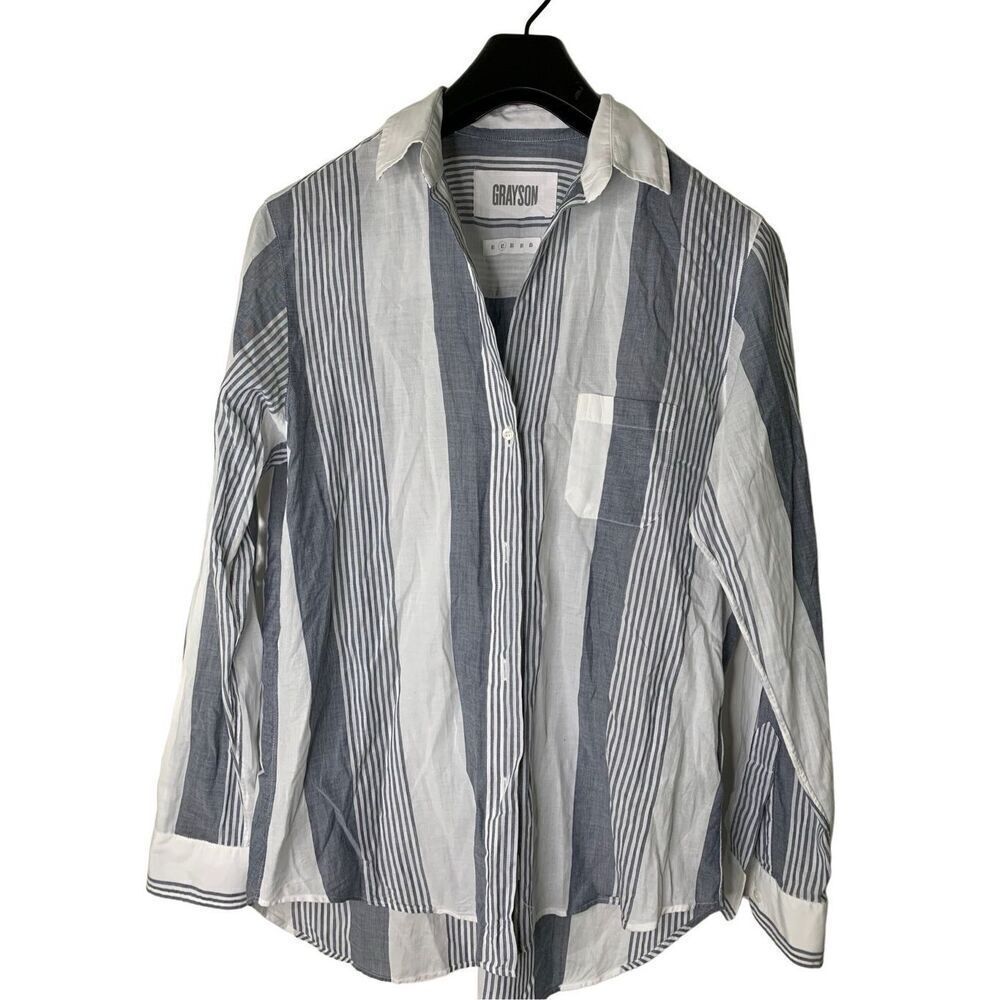 Grayson The Hero button front shirt 100% cotton top blouse gray striped size 2